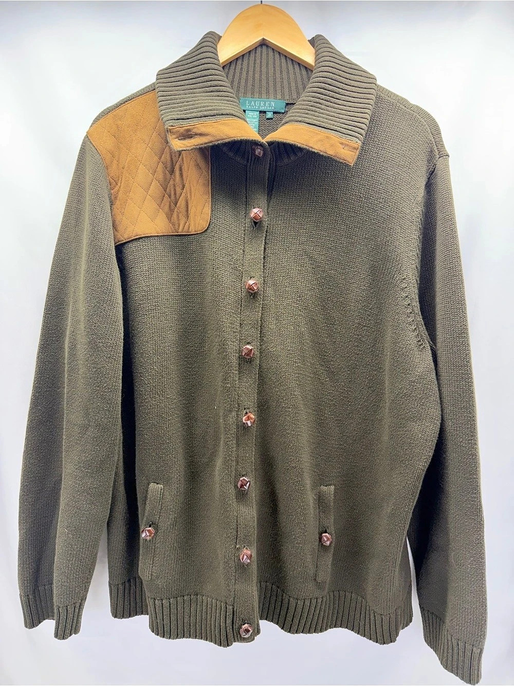 Lauren Ralph Lauren Cardigan Sweater Womens 3X Olive Green Suede Elbow Patch Kni